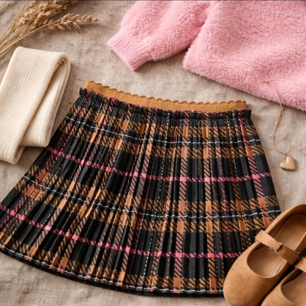 Abel & Lula Bubblegum Plaid Pleated Skirt 12 Black Camel Pink Boutique